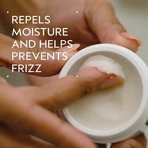 Image 2 - A persons hands are shown with a finger dipping into a white cream in a small white container, with the text Repels moisture and helps prevents frizz. Image 3 - A dark green graphic with a central white circular area displaying pink rose petals, dark brown clove buds, and a white jasmine flower, accompanied by the text BLISSFUL PURE-FUME AROMA and AN AROMATIC BLEND WITH JASMINE, ROSE, CERTIFIED ORGANIC CLOVE AND OTHER PURE FLOWER AND PLANT ESSENCES. Image 4 - A before and after comparison image of a person with dark hair, showing frizzy curly hair on the left and smooth straight hair on the right, with visible text reading BEFORE, AFTER, Unwashed Hair, Results with Brilliant Shampoo, Conditioner, Damage Control Retexturing Gel, Anti-Humectant Pomade and Medium Hold Hair Spray and Smooth Infusion™ Perfectly Sleek. Blow dried with brush. Image 5 - A four-step hair care guide on a dark green background, with each step illustrated by a circular image showing hands massaging shampoo into hair, hands dispensing conditioner, a person spraying product onto curly hair, and a group of Aveda hair styling products; the guide text reads: HOW TO USE, 01 CLEANSE Brilliant™ Shampoo, 02 CONDITION Brilliant™ Conditioner, 03 PREP Brilliant™ Damage Control, 04 STYLE Brilliant™ Anti-Humectant Pomade and Medium Hold Hair Spray and Smooth Infusion™ Perfectly Sleek. Image 6 - A creamy, off-white dollop of product with textured swirls casts a shadow on a white background. Image 7 - A split image shows a woman before and after hair treatment; on the left, she has voluminous, curly, unwashed dark hair, and on the right, she has long, straight, smooth, shiny dark hair. Visible text: BEFORE, AFTER, Unwashed Hair, Results with Brilliant Shampoo, Conditioner, Damage Control Retexturing Gel, Anti-Humectant Pomade and Medium Hold Hair Spray and Smooth Infusion™ Perfectly Sleek Styling Crème. Blow dried with brush. Image 8 - Three white certification logos, 100% VEGAN, Certified B Corporation, and Cruelty Free INTERNATIONAL with a leaping rabbit symbol, are displayed against a dark green leafy background with a red plant stem.