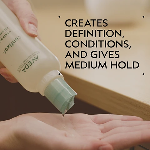 Image 2 - A persons hands are shown, one holding a white Aveda product bottle with a green flip-top cap and dispensing clear gel into the open palm of the other hand, with visible text CREATES DEFINITION, CONDITIONS, AND GIVES MEDIUM HOLD, AVEDA THE ART AND SCIENCE OF PURE FLOWER AND PLANT ESSENCES, Conficor, LIQUID GEL. Image 3 - A dark green background with a circular cutout showing several golden wheat stalks against a dark background, with text that reads Wheat Protein and For Medium Hold. Image 4 - A before and after split image shows a woman with light blonde hair and noticeable dark roots; on the left, her hair appears unwashed and somewhat frizzy, while on the right, her hair is clean, smooth, and styled, accompanied by the text Before, After, Unwashed Hair, and Results with Rosemary Mint Purifying Shampoo and Weightless Conditioner, Confixor Liquid Gel, Witch Hazel Light Hold Hair Spray, and Light Elements™ Defining Whip. Paddle Brush. Blow dried with round brush. Image 5 - A wavy smear of translucent amber gel with small air bubbles is on a white background. Image 6 - A three-step guide for hair care, showing a hand dispensing shampoo, hands conditioning wet hair, and a hand holding a bottle of hair spray, with the visible text: HOW TO USE 01 CLEANSE Rosemary Mint Purifying Shampoo 02 CONDITION Rosemary Mint Weightless Conditioner 03 STYLE Confixor Liquid Gel, Witch Hazel Light Hold Hair Spray, and Light Elements™ Defining Whip AVEDA THE ART AND SCIENCE OF PURE FLOWER AND PLANT ESSENCES witch hazel LIGHT HOLD HAIR SPRAY LAQUE CHEVEUX TENUE LÉGÈRE for all hair types pour tous types de cheveux 8.5 fl oz/oz liq/250 ml e. Image 7 - Three white certification logos are displayed against a dark green leafy background: 100% VEGAN with a large V, Certified B Corporation, and Cruelty Free International featuring a leaping bunny.