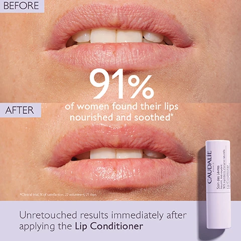 Image 1 - Image shows a close-up view of lips before and after using a lip conditioner, with the text stating 91% of women found their lips nourished and soothed and includes the brand name Caudalie and the product label Lip Conditioner, with a note about unretouched results.
Image 2 - A close-up of a womans face with brown eyes applying a lip balm, next to text that reads 91% of women found their lips nourished and soothed with the header Instantly soothes.
Image 3 - A lavender tube of Caudalie lip balm is centered on a white surface with a dark grape beside it, and the text around the image reads SHEA BUTTER Nourishes, regenerates and repairs and GRAPESEED POLYPHENOLS Anti-oxidant.