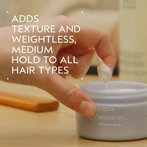 Image 2 - A hand dips a finger into a gray jar of white cream, with the jar labeled AVEDA light elements DEFINING WHIP, and the image includes the text ADDS TEXTURE AND WEIGHTLESS, MEDIUM HOLD TO ALL HAIR TYPES. Image 3 - A dark green background features a central circular overlay with an abstract image of a teal and green blurred flower, displaying the text FORMULATED WITHOUT and below it ANIMAL DERIVED INGREDIENTS, SILICONES, GLUTEN, MINERAL OIL, SLS, SLES, SYNTHETIC FRAGRANCE, PARABENS, PHTHALATES, PETROLATUM, PARAFFIN, & FORMALDEHYDE DONORS. Image 4 - A textured swipe of thick, off-white cream or mask product is shown on a white background, casting a soft shadow to its right. Image 5 - A visual guide to hair care labeled HOW TO USE, featuring three steps: 01 CLEANSE Rosemary Mint Purifying Shampoo with an image of shampoo dispensing into a hand; 02 CONDITION Rosemary Mint Weightless Conditioner with an image of hands washing hair; and 03 STYLE Confixor Liquid Gel, Witch Hazel Light Hold Hair Spray, and Light Elements™ Defining Whip with an image of a hand holding an Aveda Witch Hazel spray bottle. Image 6 - Three white certification logos are displayed against a background of dark green leaves: the 100% Vegan logo with a V, the Certified B Corporation logo, and the Cruelty Free International Leaping Bunny logo.
