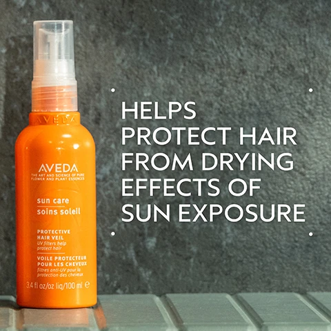 Image 2 - An orange Aveda Sun Care Protective Hair Veil spray bottle with a clear cap sits on a grey tiled surface, with overlaid white text on the right stating HELPS PROTECT HAIR FROM DRYING EFFECTS OF SUN EXPOSURE. The bottle also displays AVEDA THE ART AND SCIENCE OF PURE FLOWER AND PLANT ESSENCES sun care soins soleil PROTECTIVE HAIR VEIL UV filters help protect hair VOILE PROTECTEUR POUR LES CHEVEUX filtres anti-UV pour la protection des cheveux 3.4 fl oz/oz liq/100 ml e. Image 3 - A dark green graphic displays a white circle filled with cinnamon sticks, with the text Wintergreen & Cinnamon Bark Oils and Help protect hair from the drying effects of the sun. Image 4 - Two orange Aveda sun care product bottles, one large with a pump top and one smaller with a spray top, stand on a grey tiled surface against a dark grey background, with text that reads HOW TO USE, 02 CLEANSE Sun Care Hair and Body Cleanser, and on the larger bottle AVEDA THE ART AND SCIENCE OF PURE FLOWER AND PLANT ESSENCES sun care soins soleil HAIR AND BODY CLEANSER removes chlorine and salt plus product build-up NETTOYANT POUR LE CORPS ET LES CHEVEUX élimine chlore, sel et autres accumulations de produits 8.5 fl oz/oz liq/250 ml e, and on the smaller bottle 01 DEFEND Sun Care Protective Hair Veil, AVEDA THE ART AND SCIENCE OF PURE FLOWER AND PLANT ESSENCES sun care soins soleil PROTECTIVE HAIR VEIL UV filters help protect hair VOILE PROTECTEUR POUR LES CHEVEUX filtres anti-UV pour la protection des cheveux 3.4 fl oz/oz liq/100 ml e. Image 5 - A white, irregular oval-shaped swatch of product is centered against a white background, framed by a dark green border. Image 6 - Three white certification logos are displayed against a background of green leaves and a red plant stem, showing the text 100% VEGAN, 100% VEGAN, Certified B Corporation, Cruelty Free INTERNATIONAL, and a TM symbol.