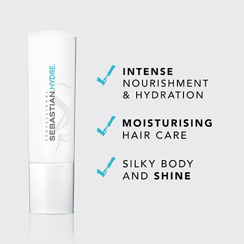 Image 2 - A white tube of Sebastian Hydre hair care product is displayed on a light gray background, with text that reads INTENSE NOURISHMENT & HYDRATION, MOISTURISING HAIR CARE, and SILKY BODY AND SHINE.
Image 4 - An instructional graphic showing three steps for product use: an icon of a water droplet with a line through it labeled REMOVE EXCESS WATER, an icon of hands distributing product labeled DISTRIBUTE, and a showerhead icon labeled RINSE, with the title HOW TO USE at the top.
Image 5 - Image of three bottles of Sebastian Hydre hair care products on a light background, with text that reads combine with Hydre conditioner & Hydre treatment for best results.