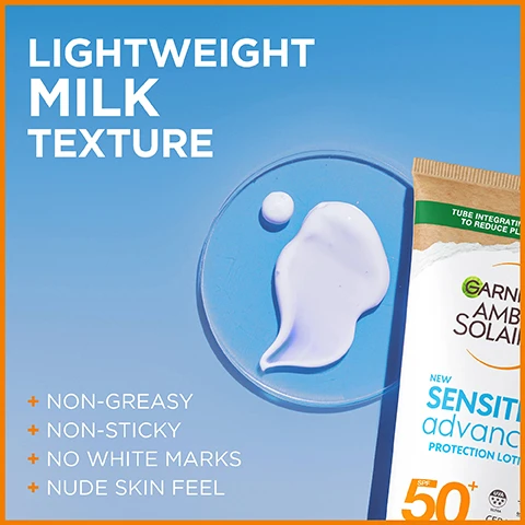 Image 1 - An image of a light blue background featuring a droplet of white lotion on a clear surface, with text that says LIGHTWEIGHT MILK TEXTURE and additional bullet points listing NON-GREASY, NON-STICKY, NO WHITE MARKS, and NUDE SKIN FEEL, alongside a bottle of Garnier Ambre Solaire sunscreen with SPF 50+.
Image 2 - Image shows a promotional chart for Garnier Ambre Solaire sunscreen, listing key features such as very high protection, water resistance, and hypoallergenic properties, with visible text including A STRICT FORMULATION CHARTER, 50+ VERY HIGH PROTECTION, PROTECT AGAINST UVB, UVA, LONG UVA, VERY WATER RESISTANT, RECOGNISED BY THE BRITISH SKIN FOUNDATION, TESTED UNDER DERMATOLOGICAL CONTROL, HYPOALLERGENIC, RESISTANT TO SALT, CHLORINE, SWEAT & SAND, NON-GREASY, NO FRAGRANCE, and CRUELTY FREE INTERNATIONAL.
Image 3 - Image shows a blue hexagonal background with the text POWERED BY CERAMIDE PROTECT at the top, and below it, VERY HIGH PROTECTION UVB + UVA along with + SKIN BARRIER PROTECTION in orange.
Image 4 - A young girl wearing a blue sun hat smiles as an adult woman applies sunscreen to her nose at the beach, with text reading 5* UVA RATING and a UVA icon above them.