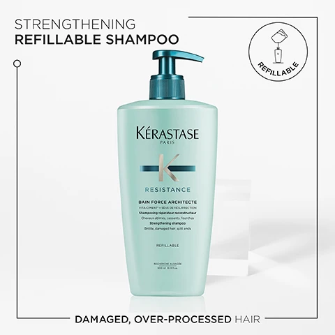 image 1, strengthening refillable shampoo. damaged, over processed hair. image 2, force architecture. formulated to cleanse and fortify damaged hair at erosion level 1-2. utilising a vita ciment complex. hair is left sleek and protected. image 3, vita-ciment. image 4, hovig etoyan global professional ambassafor said - in the quest for our desired style, hair strength and condition can be affected by chemical processing or heat styling, damaging it. the solution? resistance