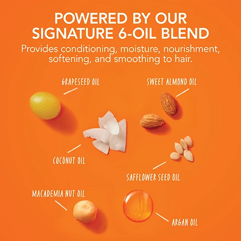 Image 1 - Image of a vibrant orange background featuring various ingredients such as grape seed, sweet almond, coconut, macadamia nut, safflower seed, and argan oils arranged in a visually appealing way, with text that reads powered by our signature 6-oil blend provides conditioning, moisture, nourishment, softening, and smoothing to hair.
Image 2 - An image of two hair care products, a bottle of shampoo and a tube of conditioner, both covered in bubbles, with icons above representing hydrate, shine, de-frizz, soften, and detangle; visible text includes Bumble and bumble, Bb. Hairdressers Invisible Oil Shampoo and Conditioner with descriptions of their benefits.