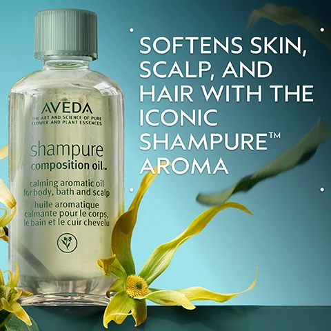 Image 2 - A clear bottle of Aveda Shampure Composition Oil with a light green cap is surrounded by yellow-green flowers on a blue-green background; visible text includes AVEDA, THE ART AND SCIENCE OF PURE FLOWER AND PLANT ESSENCES, shampure composition oil™, calming aromatic oil for body, bath and scalp, huile aromatique calmante pour le corps, le bain et le cuir chevelu, a small plant-based logo, and SOFTENS SKIN, SCALP, AND HAIR WITH THE ICONIC SHAMPURE™ AROMA. Image 3 - A circular light teal section against a dark green background displays sprigs of purple lavender, white blossoms, and yellow-green ylang-ylang flowers with green leaves, alongside the text POWER YOUR PEACE A CALMING AROMA WITH A BLEND OF 25 PURE FLOWER AND PLANT ESSENCES INCLUDING LAVENDER, PETITGRAIN, AND YLANG YLANG. Image 4 - A hand pours clear liquid from a bottle labeled AVEDA smart nature Composition oil into another palm, next to text that reads HOW TO USE, 01 Excellent as an all-over body, massage, and scalp oil, 02 For bath, add a few drops to water. Image 5 - A single, translucent, textured white disc with a subtle shadow underneath is centered on a white background. Image 6 - A dark green background of lush plant leaves with a red plant bud on the left features three white certification logos: the first is a 100% VEGAN logo with a large V, the second is a Certified B Corporation logo with a B in a circle, and the third is a Cruelty Free INTERNATIONAL logo depicting a leaping bunny.
