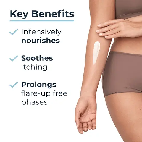 Image 1 - A close-up of a womans arm showing a cream being applied, with text on the side listing key benefits: intensively nourishes, soothes itching, prolongs flare-up free phases.
Image 2 - A person is holding a bottle of Eucerin AtopiControl rich calming lotion, with additional text on the right side stating Itchy, very dry to atopic skin, Calming, and Suitable for babies.
Image 3 - A creamy white cosmetic cream smeared on a surface, with text labels indicating Natural Omega Oils (Evening Primrose & Grape Seed), Ceramides, and Licochalcone A.
Image 4 - A light blue background with a bright gradient features the text Clinically proven* 60% less relapse rates in bold, large font at the center.
Image 5 - Image shows three Eucerin Atopic Control products labeled as steps in a skincare routine: a bottle of shower oil on the left, a bottle of rich lotion in the middle, and a tube of face cream on the right, with the text Recommended Routine above and numbers 1, 2, 3 indicating the order.