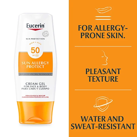 Image 1 - Eucerin Sun Allergy Protect Cream Gel SPF 50 bottle and text on an orange background stating its features: FOR ALLERGY-PRONE SKIN. PLEASANT TEXTURE WATER AND SWEAT-RESISTANT. Image 2 - A swirl of cream with text labels LICOCHALCONE A and ALPHA-GLYCOSYLRUTIN. Image 3 - A woman smiles with crossed arms next to a list of benefits: KEY BENEFITS UVA/ UVB BODY FACE PROTECTION PROTECTS AGAINST SUN ALLERGIES NON-GREASY, NON-STICKY. Image 4 - An orange rectangle with text on a textured background stating 99% CONFIRM PROTECTS EFFECTIVELY FROM SUNBURN* *PRODUCT IN USE STUDY WITH 133 WOMEN AGED 22-55, 2019. Image 5 - A white and orange Eucerin sunscreen bottle and an orange panel with text and icons with text Eucerin SUN PROTECTION HIGH ALTA 50 SPF (UVA) SUN ALLERGY PROTECT ADVANCED SPECTRAL TECHNOLOGY CREAM GEL FOR FACE & BODY PARA CARA Y CUERPO DERMATOLOGICAL SKINCARE CUIDADO DERMATOLOGICO DE LA PIEL Clinically tested Eucerin clinicamente testado FOR ALLERGY- PRONE SKIN PLEASANT TEXTURE WATER AND SWEAT-RESISTANT. Image 6 - The text DISCOVER MORE appears above images of three Eucerin products labeled Eucerin Sun Kids, Eucerin After Sun, and Eucerin Sun Body.