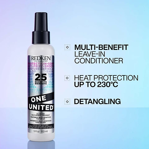 Image 1, REDKEN OTECTION SO TI-FRIZZ SMOO OISTURE DEFINIC SUA LOP SHIN 25 SO BENEFITS OL BIENFAITS ONE UNITED MATH BENCHM TACEMENT MILTENENCES TOUTUN MOVI MULT DEces 1000 N- UND MULTI-BENEFIT LEAVE-IN CONDITIONER › HEAT PROTECTION UP TO 230°C • DETANGLING 5floz 150ml Image 2, BEFORE AFTER ONE UNITED + DIFFUSING Image 3, 9'8 FORMULATED WITH COCONUT OIL & LACTIC ACID FOR HEALTHY FEELING HAIR Image 4, ALL-IN-ONE FOR ALL HAIR TYPES • STRENGTHENS SOFTENING NOURISHING SMOOTHING REDK ECTION FRI 20 URDER 25 ONE UNITED 130m Image 5, PRO TIP: APPLY TO MID-LENGTHS AND ENDS BEFORE YOU COMB OR BRUSH. IT WILL INSTANTLY HELP TO DETANGLE AS WELL AS LEAVING IT SOFT AND SHINY UNIT ONE 30 Image 6, "I REALLY LOVE THIS REDKEN PRODUCT, YOU CAN USE IT IN SO MANY WAYS.. DRY, WASHES, HEAT PROTECTION MIST IT'S MULTI PURPOSE WOULD DEFINITELY RECOMMEND❞* REDKEN OTECT ON SO TI-FRIZZ SMOO STURE DEFINIC LOP UTF 25 BENEFITS SHIN SUA *RECEIVED THE PRODUCT TO TRY FROM MARIE CLAIRE BEAUTY DRAWER, OCT 2023 ONE UNITED ALL-IN-ONE RUSSON TH PARENT MULT ONE MULTIVORTE 51 cz 150 me