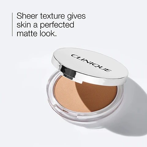 Image 1 - A compact of matte bronzer with a silver lid displaying the brand name CLINIQUE, accompanied by the text Sheer texture gives skin a perfected matte look.
Image 2 - An image of a compact of Clinique powder surrounded by various shades of powder, with text indicating coverage as sheer, finish as matte, and skin type as dry combination to oily skin.