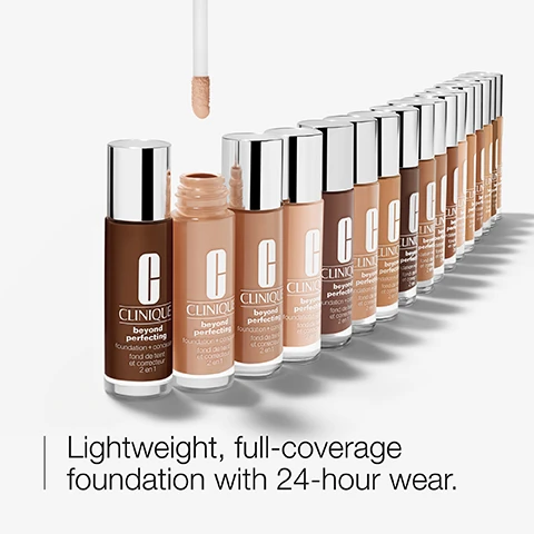 Image 1 - Image of a row of Clinique Beyond Perfecting foundation bottles in various skin tones, with a dropper dispensing foundation from the left; includes the text Lightweight, full-coverage foundation with 24-hour wear.
Image 2 - A bottle of Clinique Beyond Perfecting Foundation + Concealer is centered with several varying shades of foundation swatches behind it, displaying the following text: Coverage full, Finish natural matte, Skin type dry combination to oily skin.
Image 3 - Side-by-side comparison of a womans face showing noticeable skin texture and wrinkles in the Before image on the left and a smoother appearance in the After application image on the right.