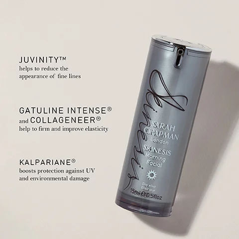 Image 1 - A silver bottle of Sarah Chapman Skinesis Morning Facial with visible text highlighting ingredients and benefits: Juvinity helps to reduce the appearance of fine lines, Gatuline Intense and Collageneer help to firm and improve elasticity, and Kalpariane boosts protection against UV and environmental damage.