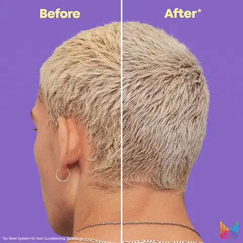 Before. After. So Silver System vs. non-conditioning shampoo. Calibrated dyes & ceramide. 2x more moisture & shiny, stronger hair. Helps remove yellow undertones. So Silver System vs. non-conditioning shampoo. Light toning, step 1, your favourite matrix shampoo, step 2, pigmented conditioner. Moderate Toning, Step 1, shampoo, step 2, pigmented conditioner. Purple pigments neautralize yellow.
