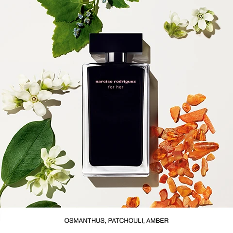 Image 1 - A black perfume bottle labeled narciso rodriguez for her is surrounded by white flowers, green leaves, and orange crystal-like pieces, with the words osmanthus, patchouli, amber visible below.
Image 2 - An arrangement of five perfume bottles labeled Eau de Toilette, Eau de Parfum, Pure Musc, Musc Noir, Musc Noir Rose, and Musc Nude, with descriptions of their scent profiles and key notes listed below each bottle.
