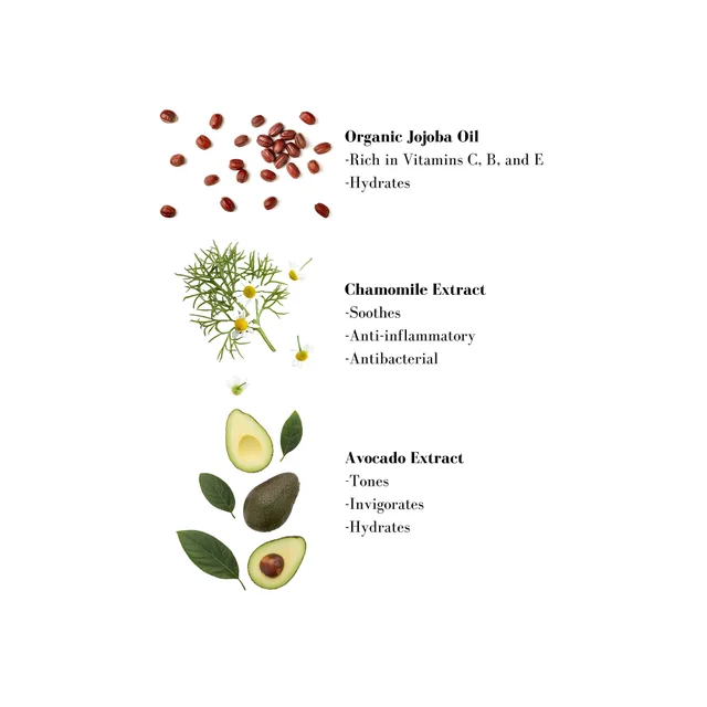 Image 1- Organic Jojoba Oil -Rich in Vitamins C, B, and E -Hydrates Chamomile Extract -Soothes -Anti-inflammatory -Antibacterial Avocado Extract - Tones -Invigorates -Hydrates