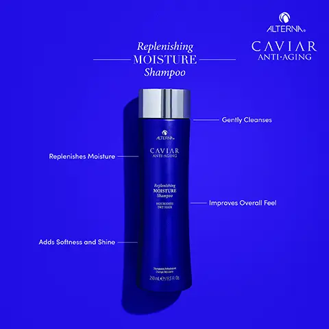 Image 1, replenishing moisture shampoo, gently cleanses, replenishes moisture, improves overall feel, adds softness and shine. Image 2, replenishing moisture shampoo, omega-3s = commonly used to replenish the hair's natural lipid layer. caviar extract = known to drench the hair in nutrients. proteins and minerals = reputable for nourishing. antioxidants = widely used to protect hair. Image 3, Replenishing moisture and professional styling, before and after. Image 4, cleanse, condition, detangle and hydrate.