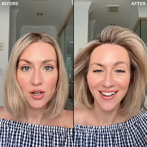 A split image shows a woman before and after a hair transformation; on the left, she has shorter, straighter blonde hair with a visible part and a neutral expression, and on the right, she has fuller, wavier blonde hair and a wide smile, with the text BEFORE on the top left and AFTER on the top right.