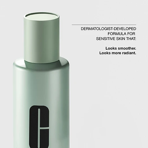 Image 1 - A close-up image of a green bottle with a cylindrical shape, featuring a screw-top lid and a large black c logo, accompanied by text that reads DERMATOLOGIST-DEVELOPED FORMULA FOR SENSITIVE SKIN THAT: Looks smoother. Looks more radiant.
Image 2 - Image features three round plates with different skincare ingredients: Salicylic acid, Acetyl glucosamine, and Witch hazel, each accompanied by a brief description of their benefits: helps clear and unclog pores, helps balance and smooth skin, helps refine skin.
Image 3 - An abstract blob of translucent liquid with the text exfoliate sensitive skin prominently displayed.
Image 4 - A light green graphic lists items that the product is free of, including fragrance, oil, and drying alcohol, each marked with an X.