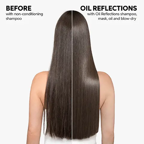 Image 1, BEFORE with non-conditioning shampoo OIL REFLECTIONS with Oil Reflections shampoo, mask, oil and blow-dry Image 2, C Reflections WELLA Ol Reflections SHAMPOO 250e NEW BOTTLE SAME GREAT PERFORMANCE Image 3, 00WTH ברדס UP TO 3X SMOOTHER HAIR* *SH, MSK and oil vs non-conditioning SH Image 4, Smoothness Shine Soft Hair Nourishment DO Image 5, WELLA P CReflections Linus nodev "OIL REFLECTIONS" I am very happy with the line. The hair is shiny and less dry* after the first use. - Priossou B LIGHT WELLA *vs. non-conditioning shampoo
