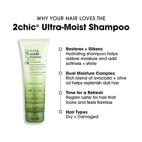 Image 1 - A tube of 2chic Ultra-Moist Shampoo for dry and damaged hair is displayed, with visible text highlighting its benefits: restores moisture and silkens hair, contains a dual moisture complex with avocado and olive oil, and is suitable for dry and damaged hair types.
Image 2 - Image shows a collection of hair care products labeled Ultra Moist for dry, damaged hair, featuring a deep moisture hair mask, a dual-action protective leave-in spray, an ultra moist shampoo, and an ultra moist conditioner, with visible text stating For dry, damaged hair and see the full collection at giovannicosmetics.com.