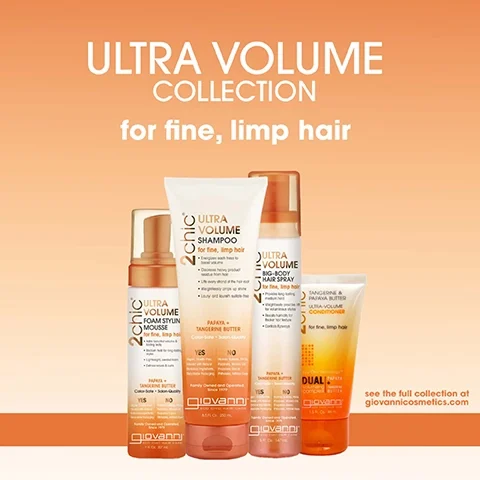 The image displays the Giovanni Ultra Volume Collection, featuring four hair care products designed for fine, limp hair, including Ultra Volume Shampoo, Foam Styling Mousse, Big-Body Hair Spray, and Conditioner, with the text ULTRA VOLUME COLLECTION for fine, limp hair prominently displayed above and a URL for the full collection at the bottom.