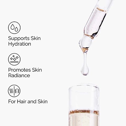Image 1 - A clear glass dropper dispenses a golden liquid with bubbles into a glass container, next to text that reads Supports Skin Hydration, Promotes Skin Radiance, and For Hair and Skin, each with a corresponding icon. Image 2 - A close-up of a persons dewy face showing their eye, cheek, and nose area, with three labels on the left: Brightening, Surface Hydration, and Antioxidant Support. Image 3 - The image shows three translucent drops of oil on a white background, with the text Key ingredient: Marula Oil and A hydrating oil containing antioxidants for radiant skin. Image 4 - The image displays four The Ordinary skincare products forming a regimen for smooth, radiant-looking skin, labeled Prep: Glycolipid Cream Cleanser Removes impurities and makeup, Glycolic Acid 7% Exfoliating Toner Smooths skin texture, evens tone and enhances luminosity; Treat: 100% Cold-Pressed Virgin Marula Oil Promotes skin radiance; and Seal: Natural Moisturizing Factors + HA Supports the skin barrier.