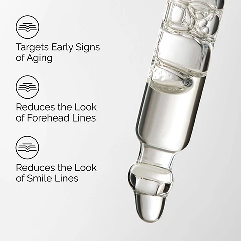 Image 1 - A glass dropper filled with clear liquid is shown on the right, with three bullet points on the left featuring an icon of lines within a circle, followed by text: Targets Early Signs of Aging, Reduces the Look of Forehead Lines, Reduces the Look of Smile Lines. Image 2 - A person with dark skin gently applies a product under their eye, and two labels display Smoothing and Age Support. Image 3 - A clear liquid with bubbles in a round container, with text overlaid that reads: Key ingredient in Argireline™ Solution 10%: Argireline™ Acetyl hexapeptide-8 helps relax the appearance of wrinkles. Image 4 - An image displaying a three-step skincare regimen with products from The Ordinary, including a grey tube for Prep, a white dropper bottle and a brown dropper bottle for Treat, and another grey tube for Seal, all connected by lines and circles. Visible text reads: A daily regimen for age support and radiance. PREP ••〇 Squalane Cleanser Cleanses skin and removes makeup. TREAT ••〇 Argireline Solution 10% Targets the look of forehead, smile and 11 lines. 100% Organic Cold-Pressed Rose Hip Seed Oil Promotes more supple, radiant-looking skin. SEAL ••• Natural Moisturizing Factors + HA Supports the skin barrier.