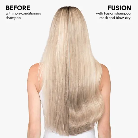 Image 1, BEFORE with non-conditioning shampoo FUSION with Fusion shampoo, mask and blow-dry Image 2, راد Intense Repair Smoothness Anti-breakage* METAL PURIFIER Metal Purifier WELLA FUSION Mack 150 ml/ne *Due to combing and mechanical damage Image 3, WELLA FUSION Mask 150 ml/mnense Repair Mask "I LOVE IT" Very happy with the result in a few days, I already feel my hair is more resistant.* - Chichee *vs. non-conditioning shampoo