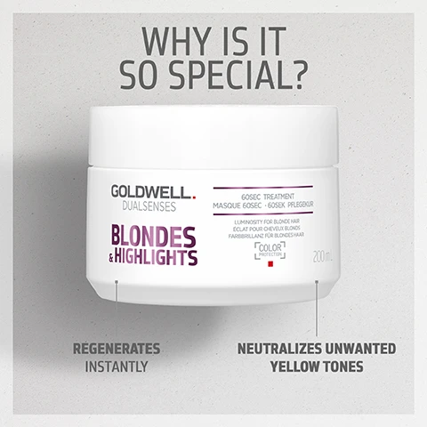 image 1, why is it so special? regenerates instantly. neutralises unwanted yellow tones. image 2, did you know? the formula is enriched with fade stop formula which combats colour fade and dullness, neutralising brassiness for luminescent blonde pigmentation. image 3, regenerates hair instantly up to 100% in 60 seconds. neutralises unwanted yellow tones. image 4, complete your hair care routine for blondes and highlights. anti yellow shampoo and conditioner and 60 second treatment