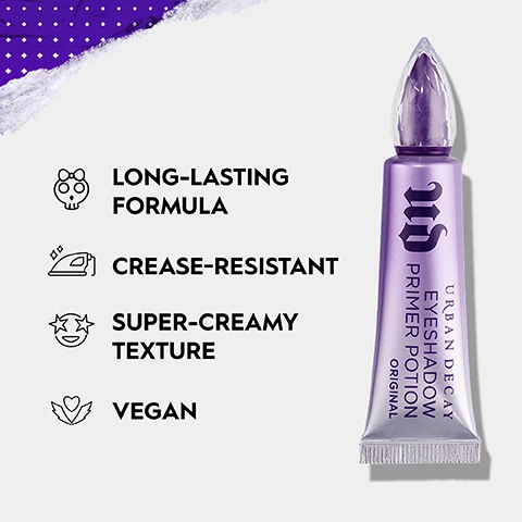 Image 1 - A purple tube of Urban Decay Eyeshadow Primer Potion is shown next to a list of product features which reads LONG-LASTING FORMULA CREASE-RESISTANT SUPER-CREAMY TEXTURE VEGAN URBAN DECAY EYESHADOW PRIMER POTION ORIGINAL. Image 2 - Two close-up images show an eye with purple eyeshadow, the left eye showing creasing, the right eye showing smooth eyeshadow, with the text PREVENTS CREASING WITHOUT WITH. Image 3 - A purple tube of Urban Decay Eyeshadow Primer Potion with applicator and swatch is shown with the text URBAN DECAY EYESHADOW PRIMER POTION ORIGINAL SUPER CREAMY TEXTURE. Image 4 - Image shows close-ups of eyes with purple, lilac, and yellow eyeshadow looks, with text labels WITHOUT and WITH on the bottom yellow eyeshadow comparison. Image 5 - A doe-foot applicator tip covered in makeup is shown over a swatch with the text EASY PRECISION APPLICATOR. Image 6 - Two tubes of Urban Decay Eyeshadow Primer Potion, labeled UD URBAN DECAY EYESHADOW PRIMER POTION ORIGINAL, are shown side-by-side in a full size and a travel size, with text labels pointing to them FULL SIZE and TRAVEL SIZE.