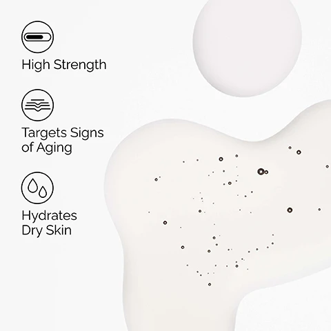 Image 1 - A graphic displays three icons with accompanying text: a horizontal bar icon labeled High Strength, a wavy lines icon labeled Targets Signs of Aging, and a two-droplet icon labeled Hydrates Dry Skin, set against a light background with abstract shapes and small dark specks. Image 2 - A close-up shot of a persons face, featuring an eye, nose, mustache, and a finger gently touching a cheek, with three text overlays describing benefits: Hydrates, Evens Skin Tone, and Improves Fine Lines. Image 3 - A clear glass dropper containing yellowish liquid, dispensing a small puddle onto a white surface, is shown with accompanying text that reads Key ingredients in Granactive Retinoid 5% in Squalane: Granactive Retinoid 5% (Hydroxypinacolone Retinoate) Improves the look of lines. Evens skin texture and targets the look of uneven tone. Squalane Enhances hydration. Skin-similar moisturizing agent. Image 4 - A product comparison chart titled How to Choose the Right Retinoid for You displays six The Ordinary retinoid products: Retinol 0.2% in Squalane, an Oil-like Serum with Low Strength for The First-Time Retinoid User; Granactive Retinoid 2% Emulsion, a Creamy Serum with Moderate Strength for The Occasional User; Retinol 0.5% in Squalane, an Oil-like Serum with Moderate Strength for The Frequent User; Granactive Retinoid 5% in Squalane, an Oil-like Serum with High Strength for The Advanced User; Retinol 1% in Squalane, an Oil-like Serum with High Strength for The Advanced User; and Retinal 0.2% Emulsion, a Creamy Serum, Our Strongest Retinoid, for The Expert User.