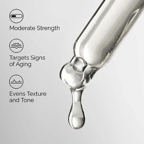 Image 1 - A clear glass dropper dispenses a single drop of serum, alongside text that reads Moderate Strength, Targets Signs of Aging, and Evens Texture and Tone. Image 2 - A close-up of a persons face with smooth, hydrated skin, showing the right eye, nose, and mouth, with three overlaid text bubbles reading Hydrates, Evens Skin Tone, and Improves Fine Lines. Image 3 - The image displays text describing key ingredients for a skincare product, with a close-up of a clear liquid in a glass container on the right, and the text reads Key ingredients in Retinol 0.5% in Squalane: Retinol 0.5% Improves look of fine and dynamic lines. Evens skin texture and tone. Squalane Enhances hydration. Skin-similar moisturizing agent. Image 4 - A comparison chart titled How to Choose the Right Retinoid for You: displays six The Ordinary retinoid products: Retinol 0.2% in Squalane (oil-like serum, low strength, best for the first-time retinoid user); Granactive Retinoid 2% Emulsion (creamy serum, moderate strength, best for the occasional user); Retinol 0.5% in Squalane (oil-like serum, moderate strength, best for the frequent user); Granactive Retinoid 5% in Squalane (oil-like serum, high strength, best for the advanced user); Retinol 1% in Squalane (oil-like serum, high strength, best for the advanced user); and Retinal 0.2% Emulsion (creamy serum, our strongest retinoid, best for the expert user).