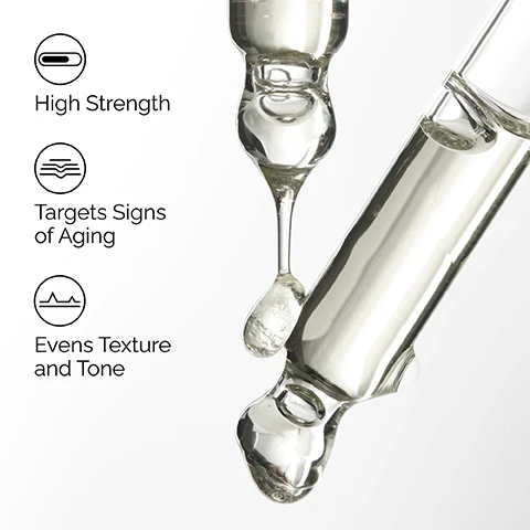 Image 1 - A close-up of a glass dropper with a clear, viscous liquid and a large drop forming at its tip, alongside three black icons with corresponding text: High Strength, Targets Signs of Aging, and Evens Texture and Tone. Image 2 - A close-up of a man applying a skincare product to his cheek, with his fingers visible on his face and text labels that say Hydrates, Evens Skin Tone, and Improves Fine Lines. Image 3 - A light background with translucent liquid on the right lists key ingredients and their benefits for a product called Retinol 1% in Squalane: Retinol 1% improves the look of fine and dynamic lines, evens skin texture and tone; Squalane enhances hydration and is a skin-similar moisturizing agent. Image 4 - The image displays a guide titled How to Choose the Right Retinoid for You, presenting six The Ordinary retinoid products in columns, each showing its type, texture, strength, and recommended user: Retinol 0.2% in Squalane, an Oil-like Serum with Low Strength, Best for: The First-Time Retinoid User; Granactive Retinoid 2% Emulsion, a Creamy Serum with Moderate Strength, Best for: The Occasional User; Retinol 0.5% in Squalane, an Oil-like Serum with Moderate Strength, Best for: The Frequent User; Granactive Retinoid 5% in Squalane, an Oil-like Serum with High Strength, Best for: The Advanced User; Retinol 1% in Squalane, an Oil-like Serum with High Strength, Best for: The Advanced User; and Retinal 0.2% Emulsion, a Creamy Serum, Our Strongest Retinoid, Best for: The Expert User.