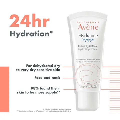 24hr hydration, for dehydrated dry to very dry sensitive skin. Face and neck. 98% found their skin to be more supple. Hi kinetics, 16 subjects, single application. Satisfaction evaluated by 67 subjects, 1 to 2 applications per day for 21 days. Hydrating, softening, non-sticky, soothing. 1 Cleanse milk cleanser. 2 Hydrate hydrance rich hydrating cream. 3 protect SPF50+ cream. Key Ingredients Cohederm tm restores hydration. Shea butter nourishes.