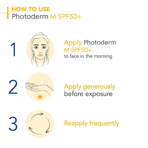 Image 1,HOW TO USE Photoderm M SPF50+ 1 2 10 Apply PhotodermM SPF50+ to face in the morning Apply generously before exposure 3 Reapply frequently