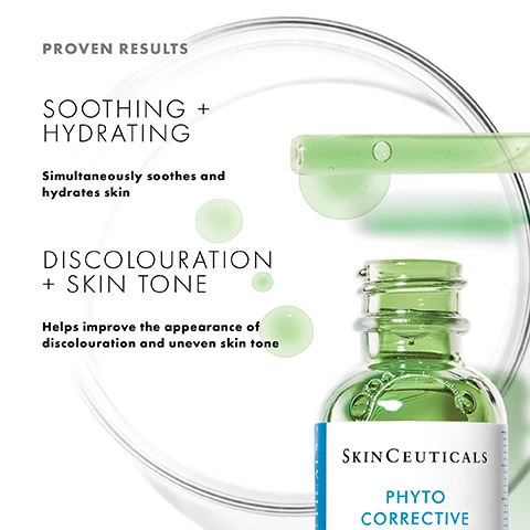 Image 1 - An image featuring a green skincare bottle labeled SkinCeuticals PHYSICAL CORRECTIVE alongside floating green droplets, with text reading PROVEN RESULTS, SOOTHING + HYDRATING, Simultaneously soothes and hydrates skin, DISCOLOURATION + SKIN TONE, and Helps improve the appearance of discolouration and uneven skin tone.
Image 2 - A dropper containing a green liquid is positioned above a petri dish with several green droplets, accompanied by text that reads KEY INGREDIENTS, 4.5% THYME, OLIVE, AND CUCUMBER EXTRACTS, and HYALURONIC ACID.
Image 3 - Close-up of a womans face with smooth skin, highlighting a drop of serum being applied to her cheek, and the text Soothes + hydrates skin displayed next to it.
Image 4 - Image shows a skincare regimen with four steps listed above corresponding products, including Phloretin CF, Phyto Corrective, Triple Lipid Restore, and Ultra Facial UV Defense Sunscreen SPF 50. Visible text includes COMPLETE THE MORNING REGIMEN, STEP 1 PREVENT, STEP 2 CORRECT, STEP 3 MOISTURISE, and STEP 4 PROTECT.