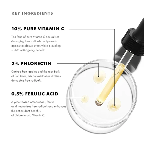 Image 1 - Image showing a dropper above a petri dish with three yellow oil droplets; text includes key ingredients: 10% pure vitamin C, 2% phlorcetin, and 0.5% ferulic acid, along with descriptions of their antioxidant properties and benefits.
Image 2 - An amber glass bottle labeled SkinCeuticals Phloretin CF is shown with yellow oil droplets and a dropper, accompanied by text that states improves uneven skin tone and skin texture, diminishes the look of dullness and visible discolouration, and reduces the appearance of fine lines.
Image 3 - Close-up of a womans face showing a pipette applying a drop of serum to her skin, with the text Diminishes visible discolouration + neutralises free radicals overlaying the image.
Image 4 - Image of several droplets of a lightweight serum on a white background, with visible text stating AT A GLANCE, TEXTURE: Lightweight serum, and SKIN TYPE: Normal, Combination.
Image 5 - Image depicting a skincare morning regimen with four steps: Step 1 - PHLORETIN CF, Step 2 - H.A. INTENSIFIER MULTI-GLYCAN, Step 3 - AGE INTERRUPTER ADVANCED, Step 4 - ADVANCED BRIGHTENING UV DEFENSE SUNSCREEN SPF 50.