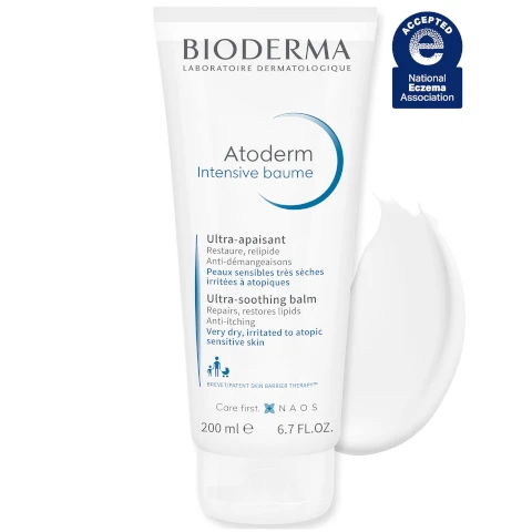 Image 1, accepted by national eczema association image 2, HOW TO USE Atoderm Intensive Balm Apply Atoderm Intensive balm on the whole body Ox pump pressures for an adult and face 6 3 pump pressures for a baby pump pressures for a child Image 3, 95% SKIN IS SOOTHED(1) (1) Use test carried out on 20 volunteers aged 19 to 65, preferably with dry to very dry and sensitive/damaged skin, for 7 days Image 4, 6 MONTHS WITHOUT FLARE-UPS(1) 7 (1) Clinical study carried out on 58 subjects for 6 months- for 76% of patients