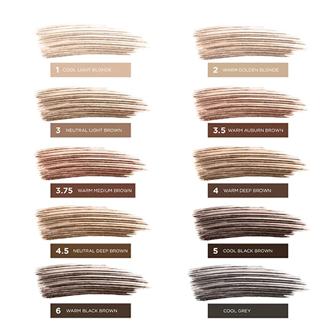 Image 1 - Image shows a color chart with various hair dye shades labeled from 1 to 6, including cool light blonde, warm golden blonde, neutral light brown, warm auburn brown, warm medium brown, warm deep brown, neutral deep brown, cool black brown, warm black brown, and cool grey.
Image 2 - A silver mascara tube with a black wand labeled FULL SIZE and a smaller silver tube also labeled MINI, both featuring the text GIMME BROW+ and the brand name benefit.
Image 3 - Image shows a close-up of a black mascara brush on the left and a pink box on the right with bullet points stating: Volumizes, tames & tints, Tiny, tapered brush for mess-free application, Microfibers add natural-looking fullness.