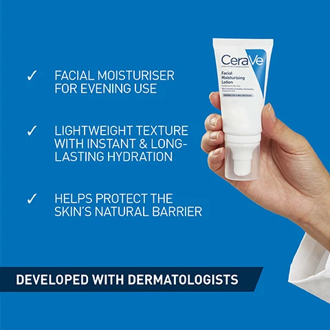 Image 1 - An individual holds a tube of CeraVe Facial Moisturising Lotion against a bright blue background, with three bullet points highlighting its benefits: facial moisturiser for evening use, lightweight texture with instant and long-lasting hydration, and helps protect the skins natural barrier, alongside the text developed with dermatologists.
Image 2 - Image features a blue background with the text DRY SKIN at the top, three CeraVe products displayed: Hydrating Hyaluronic Acid Serum, Eye Repair Cream, and Facial Moisturising Lotion, accompanied by the keywords MOISTURISE, REPAIR, and HYDRATE vertically arranged on the right side.
