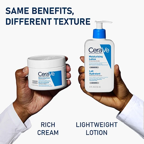 Image 1 - A hand holds a jar of CeraVe Moisturising Cream on the left and another hand holds a bottle of CeraVe Moisturising Lotion on the right, with the text SAME BENEFITS, DIFFERENT TEXTURE above, RICH CREAM below the jar, and LIGHTWEIGHT LOTION below the bottle.
Image 2 - A child is shown applying CeraVe Moisturising Lotion with one hand while another hand gently supports the childs arm; visible text includes CeraVe, Moisturising Lotion, For Dry to Very Dry Skin, and Suitable for Children & Babies.
Image 3 - A hand holding a bottle of CeraVe Moisturising Lotion against a blue background, with text indicating features like 48-hour hydration, hyaluronic acid, lightweight formula, larger format, and suitability for normal to dry skin.