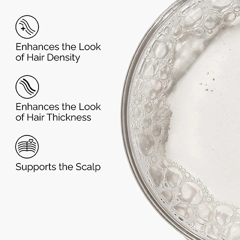 Image 1 - A clear liquid with many bubbles on the right and three black icons with text on the left stating Enhances the Look of Hair Density, Enhances the Look of Hair Thickness, Supports the Scalp. Image 2 - A dropper applies a clear liquid to brown hair, with three overlays stating Fuller-Looking Hair, Thicker-Looking Hair, and Denser-Looking Hair. Image 3 - The image shows a clear liquid serum in a dropper against a light background, with a drop suspended from the dropper tip, connected by a thin black line to text that reads Key ingredients in Multi-Peptide Serum for Hair Density: REDENSYL™, Procapil™, CAPIXYL™, BAICAPIL™, AnaGain™, and High-Solubility Caffeine, Supports the scalp for thicker, denser, fuller-looking hair.