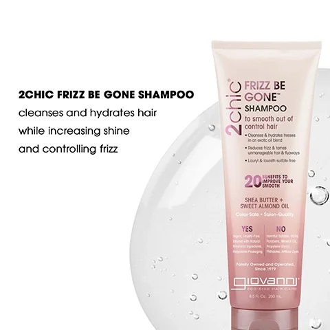 A tube of 2chic Frizz Be Gone Shampoo with a pink label highlights its benefits, which include cleansing and hydrating hair while increasing shine and controlling frizz, alongside visible text indicating that it contains shea butter and sweet almond oil.