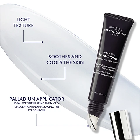 Image 1 - A black tube of Institut Esthederm Intensive Hyaluronic eye serum with a silver palladium applicator and its cap is shown on a white background with a light blue swirl, featuring text that reads: INSTITUT ESTHEDERM PARIS, INTENSIVE HYALURONIC, SERUM YEUX / EYE SERUM, Déshydratation intense Rides - Regard marqué, Intense dehydration Wrinkles - Tired looking eyes, Care first. NAOS, LIGHT TEXTURE, SOOTHES AND COOLS THE SKIN, PALLADIUM APPLICATOR IDEAL FOR STIMULATING THE MICRO-CIRCULATION AND MASSAGING THE EYE CONTOUR. Image 2 - A black and silver tube of Institut Esthederm Paris Intensive Hyaluronic Serum Yeux / Eye Serum stands on a white background with a clear gel smear, displaying the text Institut Esthederm Paris Intensive Hyaluronic Serum Yeux / Eye Serum, Déshydratation intense Rides - Regard marqué, Intense dehydration Wrinkles - Tired looking eyes, Care first. NAOS, and listing its benefits: Instantly Hydrates and Plumps the Skin, Smoothes Wrinkles, Reduces Dark Circles and Puffiness. Image 3 - A dark purple tube of Institut Esthederm Paris Intensive Hyaluronic Serum Yeux / Eye Serum is displayed against a purple background, with text stating Déshydratation intense, Rides - Regard marqué, Intense dehydration, Wrinkles - Tired-looking eyes, and Cure first X NAOS, alongside statistics: 90% say eye area is hydrated*, 75% say eye area is visibly brighter*, and Up to -43% wrinkle volume under the eye area**, with footnotes: * Hydration evaluated with a corneometer, 10 volunteers aged 48 to 70 years old, with normal to dry skin. ** Effectiveness on 21 women aged 44 to 60 years old after 28 days, under normal conditions of use. Average 10.4% reduction in the volume of wrinkles. Image 4 - The image displays four Institut Esthederm skincare products on a white background with water droplets, illustrating a routine titled HYDRATING & PLUMPING SKINCARE ROUTINE; the products are a silver spray bottle labelled BOOST with text INSTITUT ESTHEDERM PARIS EAU CELLULAIRE BRUME - MIST Effet hydro booster Action antioxydante Energisant Hydro booster effect Antioxidant action Energizing Bienfaits de la jeunesse cellulaire Revitalisation profonde cellulaire patent Care first NAOS, a dark purple pump bottle with text INSTITUT ESTHEDERM PARIS INTENSIVE HYALURONIC SÉRUM / SERUM Rides - Ridules Déshydratation intense Wrinkles - Fine lines Intense dehydration Care first NAOS, a dark purple jar with text INSTITUT ESTHEDERM PARIS INTENSIVE HYALURONIC CRÈME / CREAM Rides - Ridules Déshydratation intense Wrinkles - Fine lines Intense dehydration Système breveté Eau Cellulaire CELLULAR WATER patent Care first NAOS, and a dark purple tube with a rollerball applicator labelled TREAT and text INSTITUT ESTHEDERM PARIS INTENSIVE HYALURONIC CONTOUR DES YEUX / EYE CONTOUR Rides - Ridules Déshydratation intense Wrinkles - Fine lines Intense dehydration Care first NAOS. Image 5 - A dark grey tube of Institut Esthederm Intensive Hyaluronic Serum Yeux / Eye Serum (15 ml / 0.5 fl. oz. e Net wt. x 1) is centered on a purple background, with surrounding text detailing its features: CELLULAR WATER TECHNOLOGY, patented innovation water crafted by Institut Esthederm that optimises cells energy and vitality, Hydra-booster, energising, broad-spectrum antioxidant protection; HYALURONIC PATENT with 3 forms of Hyaluronic Acid providing MEDIUM MOLECULAR WEIGHT for Biological plumping effect, HIGH MOLECULAR WEIGHT for Instant hydrating effect, and ENCAPSULATED FORM that fills in wrinkles and fine lines; and ANTI-FATIGUE TECHNOLOGY containing Caffeine, Ruscogenin & Carnosine, all targeting Déshydratation intense Rides - Regard marqué, Intense dehydration Wrinkles - Tired looking eyes.