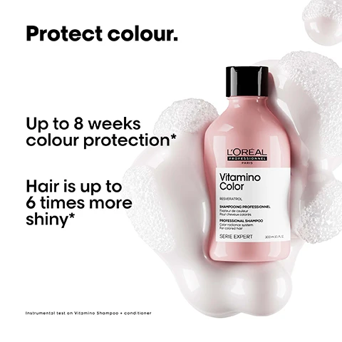 Image 1 - Image of a bottle of LOréal Professionnels Vitamino Color shampoo against a white background with bubbles; text displays Protect colour. Up to 8 weeks colour protection* Hair is up to 6 times more shiny* Instrumental test on Vitamino Shampoo + conditioner.
Image 2 - A pink tube of LOréal Professionnel Vitamin Color conditioner is featured against a white background, with text highlighting benefits such as Protect colour, Up to 8 weeks colour protection*, Up to 6x more shine*, and Hair is left soft & protected.
Image 3 - Image shows three hair care products from LOréal Professionnels Vitamin Color series with text stating A colour protection professional routine above and numbered steps 01 Cleanse., 02 Hydrate., and 03 Protect. below the products.
Image 4 - Image shows a comparison of curly hair before and after product use, with the left side labeled Before and the right side labeled After, featuring hair care products from LOréal on the lower right; visible text includes Not retouched.
Image 5 - A glossy bubble-like structure filled with colorful spheres, accompanied by the text Resveratrol. Protect your color. Inside the fibre Anti-oxidant to nourish and protect the hair follicles.