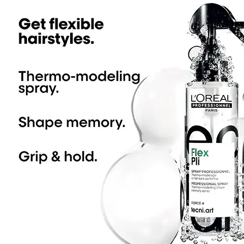 Image 1 - A clear bottle of LOréal Professional Flex Pli thermo-modeling spray is shown with bubbles and white fluid alongside text that reads Get flexible hairstyles, Thermo-modeling spray, Shape memory, and Grip & hold.
Image 2 - A stylists hand gently touches the head of a person with long, coppery-red wavy hair, with their profile showing light blue eyes and freckles, alongside the text Tecni art: BORN BACKSTAGE Found backstage at the biggest fashion week shows.
Image 3 - Four images showing hair transformations: two before and two after; the top two show long, straight blonde hair, and the bottom two feature wavy, voluminous blonde hair; visible text reads Before and After in the corners, with additional text at the bottom stating After disco curls: application of Volume extra full, Flex Liss Control, flex depolish, fix design.
Image 4 - A man with glasses and a mustache wears a black t-shirt and poses against a white background, featuring the text Pros love it. Flex Pli is like a primer to fix movement, create texture because of its nice heat memory. below him, along with his Instagram handle @claudiopachecohairstylist and the description Celebrity hairstylist & colorist.
Image 5 - Image shows a step-by-step guide for using a hair product, including three images: the first depicts a hand spraying product on towel-dried hair, the second shows a blow dryer being used to lift hair roots, and the third illustrates hair being styled with hot tools for waves and curls, with text outlining the steps.