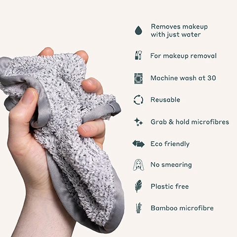 Image 1 - A hand is holding a fluffy gray makeup removal cloth with various product features displayed alongside, including Removes makeup with just water, For makeup removal, Machine wash at 30, Reusable, Grab & hold microfibres, Eco friendly, No smearing, Plastic free, and Bamboo microfibre.
Image 2 - An illustration comparing the structure of microfibre bamboo cleansing cloths when dry and wet, with visible text reading Wipe Out, Microfibre Bamboo Cleansing Cloths, Dry, and Wet.
Image 3 - A stack of rolled grey makeup removal cloths is displayed on a marble surface, with text indicating they remove makeup with warm water, are reusable thousands of times, made of 100% bamboo microfiber, and are plastic-free.