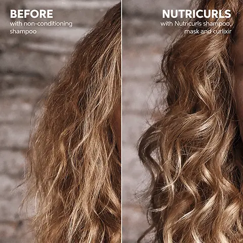Image 1, BEFORE with non-conditioning shampoo NUTRICURLS with Nutricurls shampoo, mask and curlixir Image 2, Intense Nourishment Anti-frizz Soft Hair WELLA NUTRICURLS OGGLE e WAVES & CURLS MASK Image 3, BEFORE with non-conditioning shampoo NUTRICURLS with Nutricurls shampoo, mask and curlixir Image 4, WHEAT BRAN EXTRACT PANTHENOL JOJOBA OIL NOURISH-IN COMPLEX