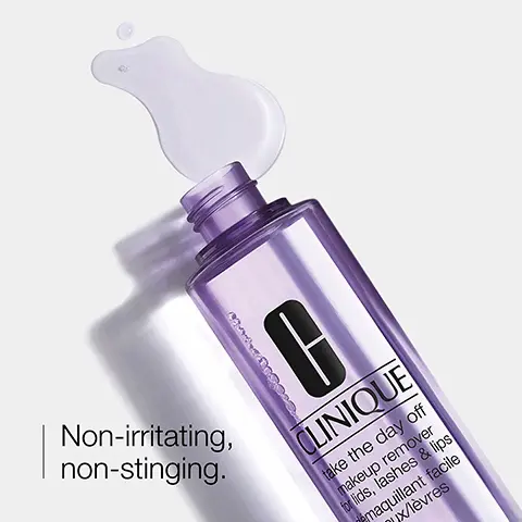 Image 1 - A bottle of Clinique makeup remover with a purple label and an open cap, showing a droplet of liquid, accompanied by the text Non-irritating, non-stinging.
Image 2 - A smooth purple liquid is shown in various shapes on a white background, accompanied by the text dissolve long-wearing makeup and a small black and white QR code.