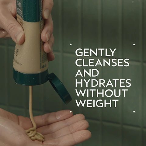 Image 2 - A wet hand squeezes a beige bottle labeled sap moss with a teal cap, dispensing thick beige product into another wet palm, accompanied by the text Gently Cleanses and Hydrates Without Weight. Image 3 - A dark green graphic features a central circular abstract design with swirling teal, green, and purple colors, along with white text that reads Iceland Moss & Larch Tree Sap Extract Blend and Hydrates Hair Without Weighing It Down. Image 4 - A split image shows a woman with messy, unwashed brown hair on the left labeled BEFORE, and the same woman with sleek, wet-look brown hair on the right labeled AFTER; additional text reads Unwashed Hair, and Results with Sap Moss™ Weightless Hydration Shampoo and Conditioner, Flax Seed Aloe Sculpting Gel, Firmata Firm Hold Hair Spray, and Mini Wooden Paddle Brush. Image 5 - A dollop of light brown, creamy product with white foam and bubbles along its lower left edge is displayed against a white background with a soft shadow. Image 6 - The image shows a three-step hair care guide with circular photos on a dark green background, reading HOW TO USE; 01 CLEANSE features hands lathering hair with shampoo and the text Sap Moss™ Weightless Hydration Shampoo; 02 CONDITION features conditioner being dispensed into a hand and the text Sap Moss™ Weightless Hydration Conditioner; 03 STYLE features two product bottles and a paddle brush with the text Flax Seed Aloe Sculpting Gel, Mini Wooden Paddle Brush. & Firmata Firm Hold Hair Spray. Image 7 - Three white certification logos are displayed on a dark green leaf background with a red plant on the left, reading: a circular 100% VEGAN logo with a large V, a Certified B Corporation logo with a B in a circle, and the Leaping Bunny Cruelty Free INTERNATIONAL logo.